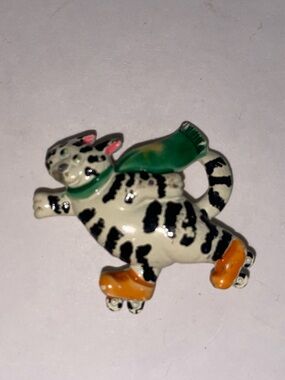 Vintage Enamel Cat Brooch with Green Scarf and Orange roller skates